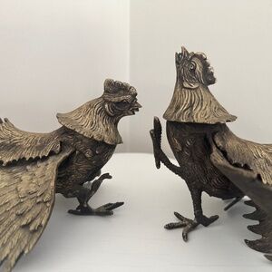 Mid-Century Modern Pair of Brass Fighting Roosters